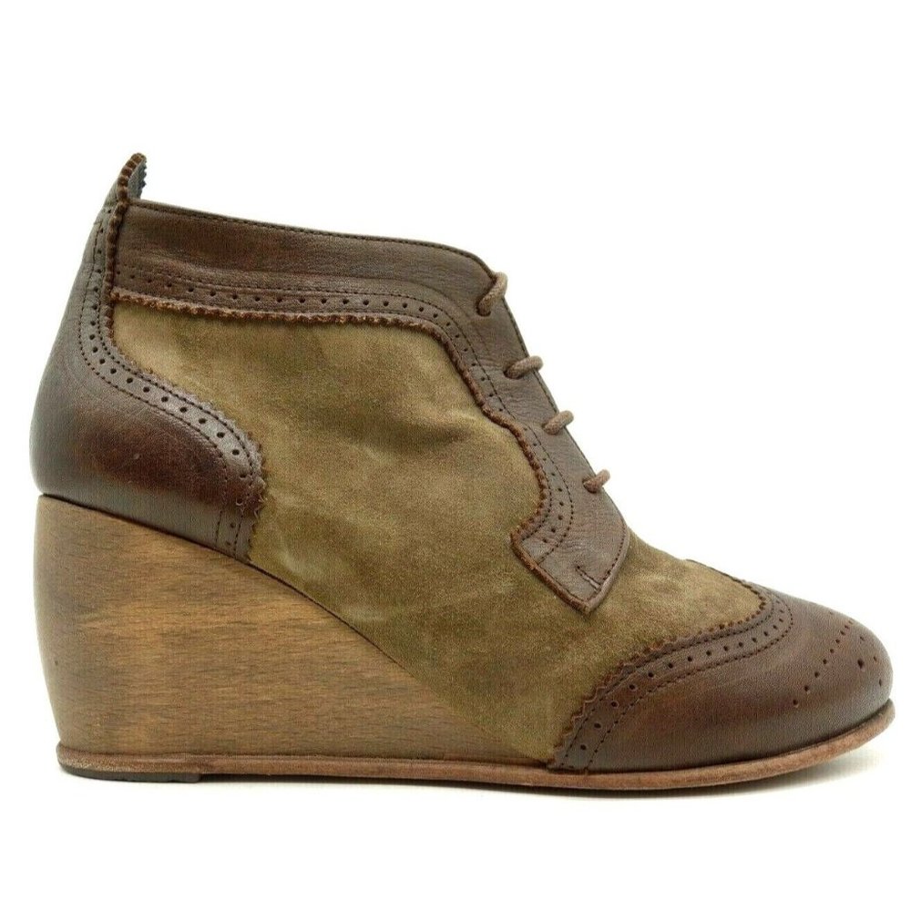 Pepe Monjo Argila Brown Lace Up Wingtip Wedge Ankle Boots Women's 37.5 / 7.5